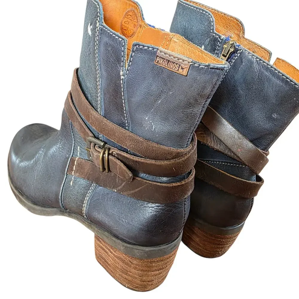 Pikolinos Le Mans Blue Green Petrol Teal Leather Mid Strap Ankle Boots 39